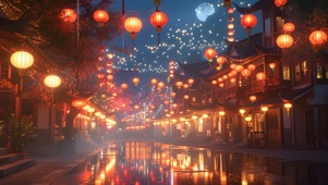 夜雨中张灯结彩的古镇