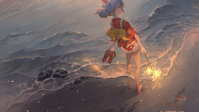 沙滩上放烟花的少女