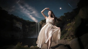 夜空下瀑布旁的美女