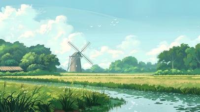 夏日郊外治愈稻田风车