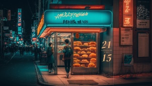 治愈夜晚的雨天城市面包店