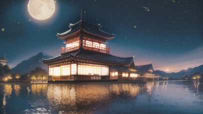 夜晚湖边古风建筑