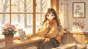 窗前享受冬日暖阳的少女