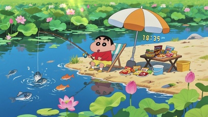 夏日治愈 小新在荷塘边钓鱼