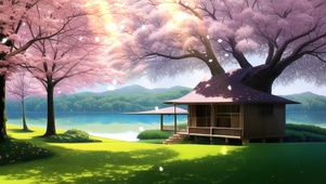 湖边樱花树下小屋