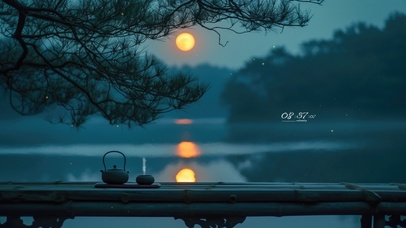 古风文艺湖泊夜景