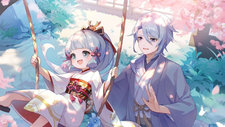 粉紫盛放的樱花树下，成年神里绫人立于幼年神里绫华坐的秋千旁，旁侧立有浅紫色和风灯笼，背景是环绕绿植的日式庭院水榭。