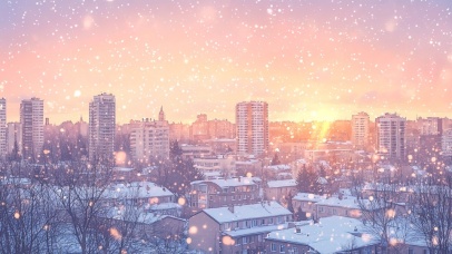 冬日黄昏大雪下的城市景色