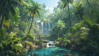 清新热带雨林瀑布