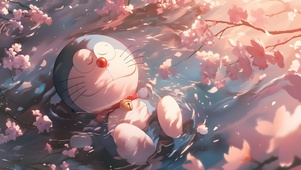 温柔治愈~樱花树下悠闲的蓝胖子