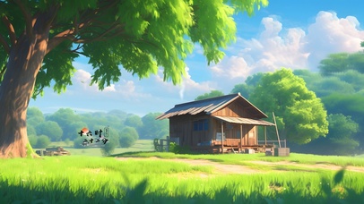 清新绿色山水小屋