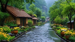 山间雨中村庄