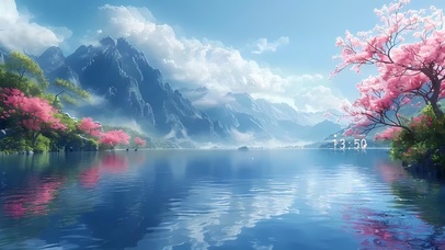 湖面樱花雪山