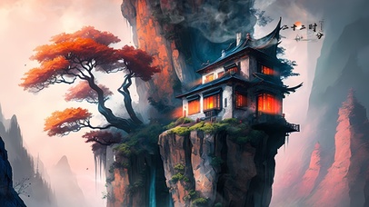 唯美 国风悬崖上的小屋