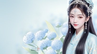 4K蓝色绣球花丛中的古风美女