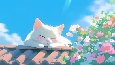 屋顶上鲜花猫咪