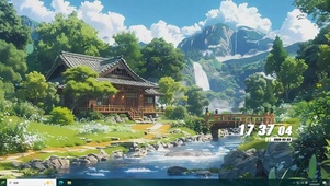 白云树木房屋河流景色桌面主题