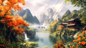 4K秋季山峰云雾村落