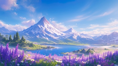 雪山脚下的紫色花海