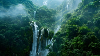 浓雾笼罩瀑布群山自然风景壁纸