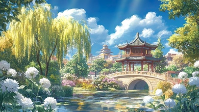 蓝天白云下的唯美古亭池塘