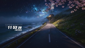 夜晚海景下房屋树木景色