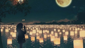 月下河畔许愿灯