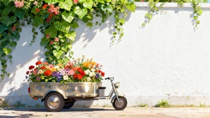 墙边鲜花小车