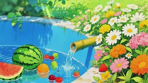 夏日缤纷：水果泳池与繁花梦境