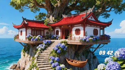 蓝天白云树木海景