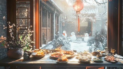 窗外的雪中小院一角