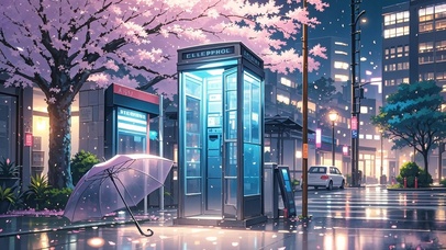 春夜雨中电话亭