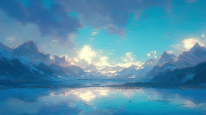 唯美清新清晨静谧雪山湖泊