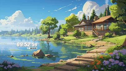 蓝天白云河流树木景色