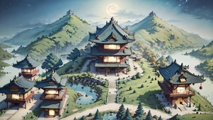 夜晚古风庭院山水