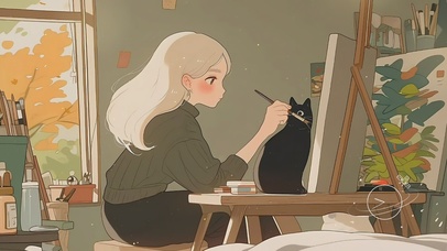 画画的女孩和她的猫