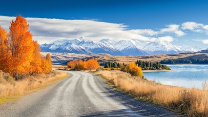 通往雪山的秋景小路