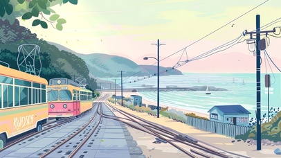 假日海边经过的列车