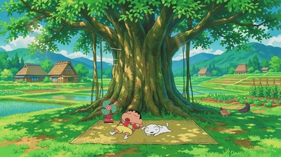 树下乘凉的小新和小白