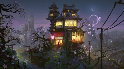 夜晚郊外日式楼房