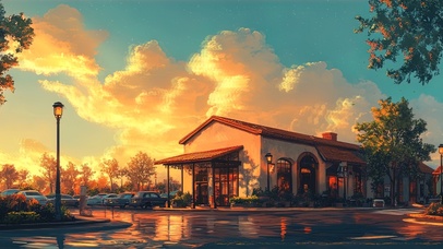 落日云朵下的静谧城市