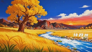 夕阳秋季河流树木景色