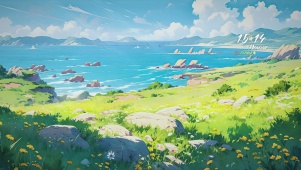 绿色动漫海边风景