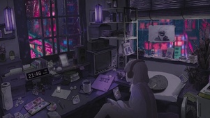 城市夜雨房间女孩