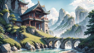 夏日古建筑湖泊小桥风景