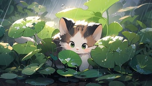 雨中荷叶的小花猫