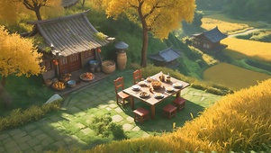 秋日小屋前的午餐