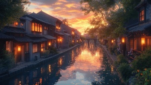 水乡的唯美柔和傍晚