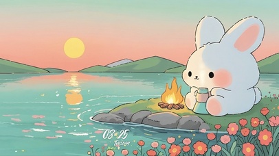 湖心岛篝火边饮热茶的小兔