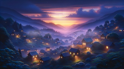 治愈风景插画清晨村庄